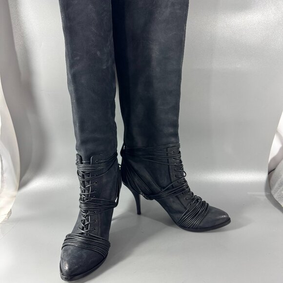 Authenitc Givenchy Black Leather Lace-up Knee-high Heel Boots, Size 40.5 - Picture 1 of 13